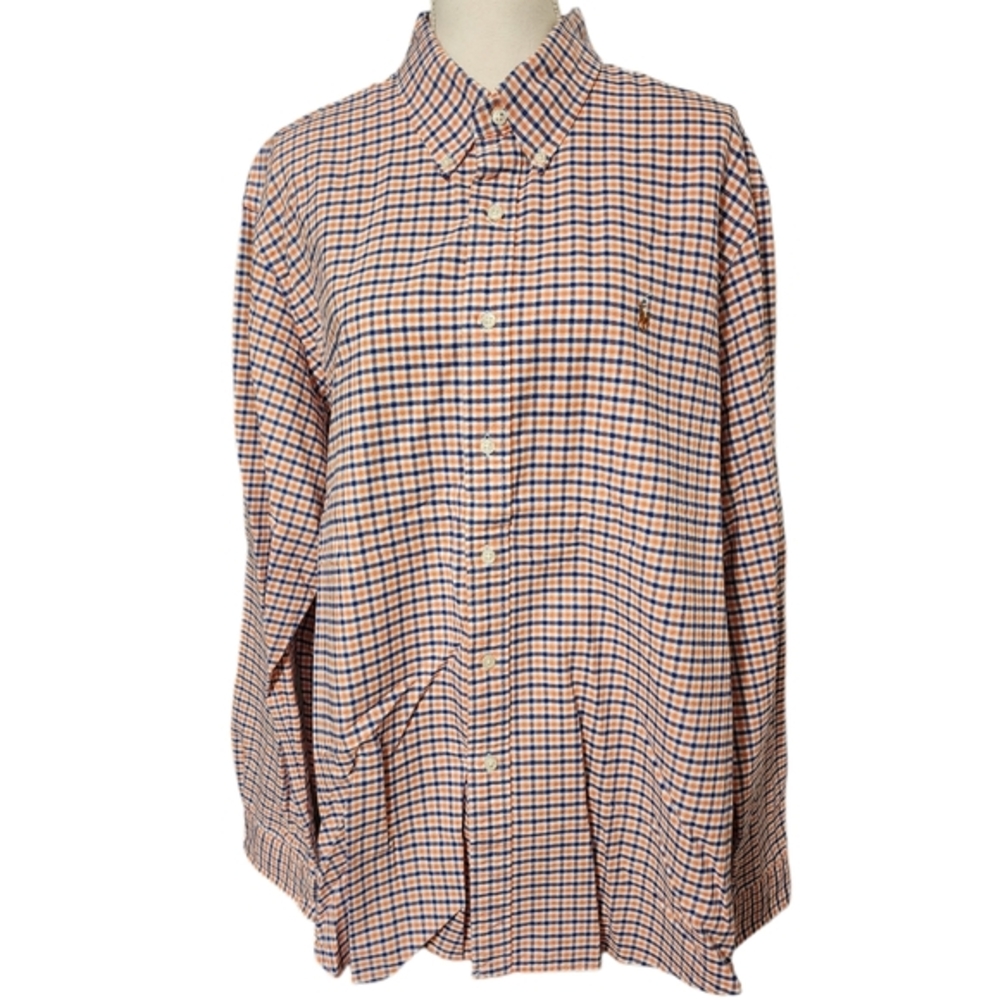 Ralph Lauren Orange and Navy Check Cotton Button-Down Shirt